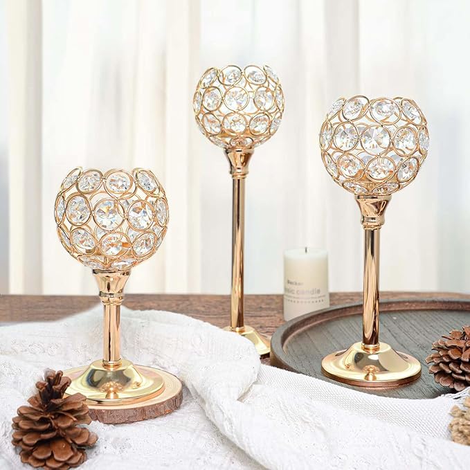 12pcs Bulk Crystal Candle Holder Set, 3 Sizes Tealight Candlestick Holders, Elegant Gold Candelabra for Wedding Table Centerpiece, Fireplace, Home & Living Room Decor