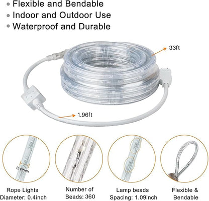 SURNIE Rope Lights Outdoor Waterproof Daylight White: LED 33FT Cuttable Outside Bright 110V Lighting 6000K Flexible Cool Clear Tube, Indoor Deck Patio Xmas Camping Decor, Not Flat Strip
