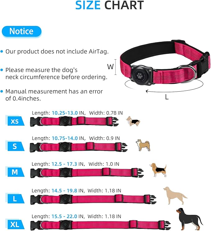 Upgraded AirTag Dog Collar, IP68 Waterproof Air Tag Dog Collar Holder, Reflective, Ultra-Durable, Comfortable Padded, Heavy Duty Dog Collars for Small Medium Large Dogs (XS (10.25"-13"), Hotpink)-Mewly Pet