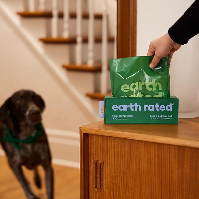 Earth Rated Dog Poop Bags, Thick Grab and Go Single Roll, Ideal for Backyard Pickups, Lavender Scented, 300 Count-Mewly Pet