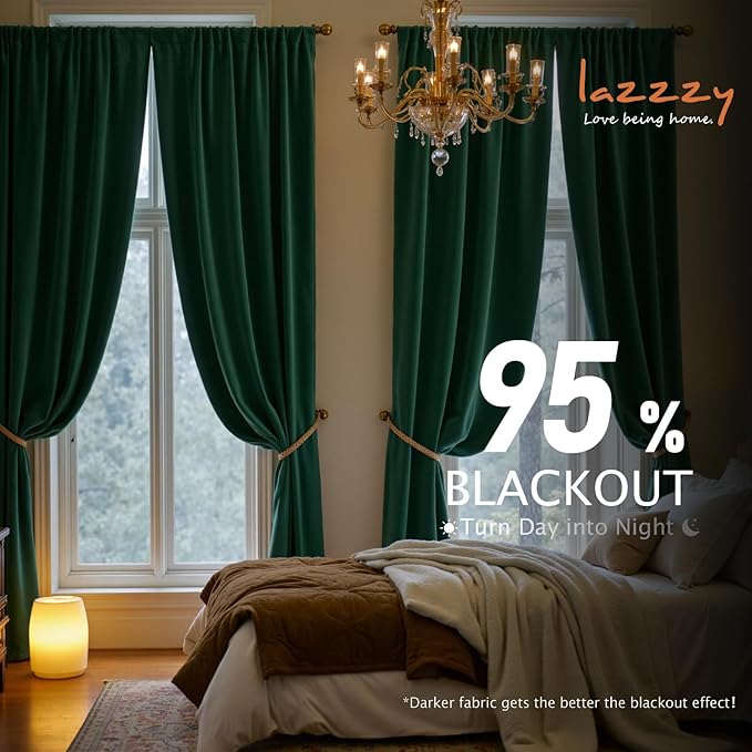 Lazzzy Velvet Blackout Curtains Thermal Insulated Room Window Drapes Super Soft Luxury Curtains for Living Room Bedroom Rod Pocket 2 Panels, Emerald Green, 62" W x 120" L