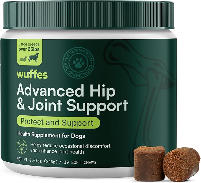 Wuffes Advanced Dog Hip and Joint Supplement with Glucosamine, Chondroitin, Omega 3, MSM, and Green Lipped Mussel, 30 Pork Flavored Chews for Large Dog Breeds-Mewly Pet