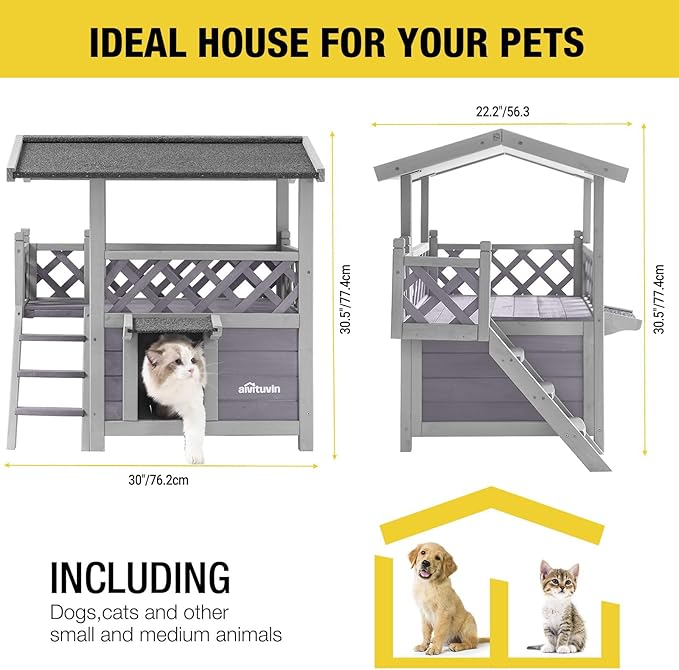Aivituvin Cat House Outdoor Indoor Feral Kitty Shelter with Escape Door for Cats, Weatherproof Roof-Mewly Pet