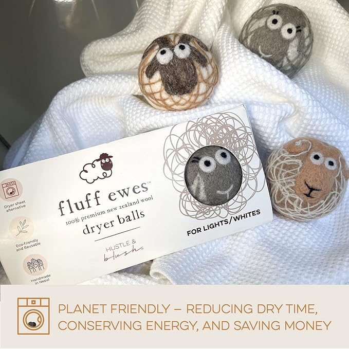 Fluff Ewes Wool Dryer Balls 3 Pack Premium New Zealand Wool Laundry Balls for Dryer, No Static Dryer Balls Laundry Reusable Cute - XL Wool Dryer Balls Cute, Baby Dryer Balls for Dryers - Lights-Mewly Pet