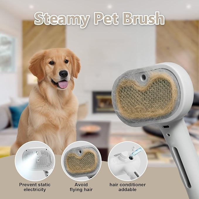 ‌3-in-1 Pet Steam Brush with Self-Cleaning & Cool Mist‌ – Portable Grooming Tool for Cats & Dogs, Long-Lasting Shedding Control & Detangling, Refillable Water Tank & Fast Charging-Mewly Pet