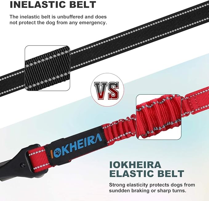 IOKHEIRA Dog Seat Belt 3-in-1 Car Harness for Dogs Adjustable Safety Seatbelt for Car Durable Nylon Reflective Bungee Fabric Tether with Clip Hook Latch & Buckle, Swivel Zinc Alloy Carabiner Red-Mewly Pet