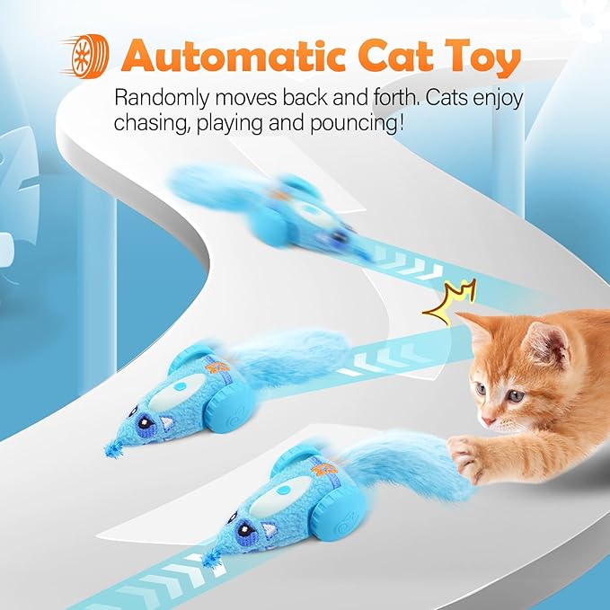 Migipaws Automatic Cat Toys, Plush Cat Mouse Toy, Interactive Toy for Indoor Cats, Smart Moving Kitten Toy, Rechargeable (Blue)-Mewly Pet