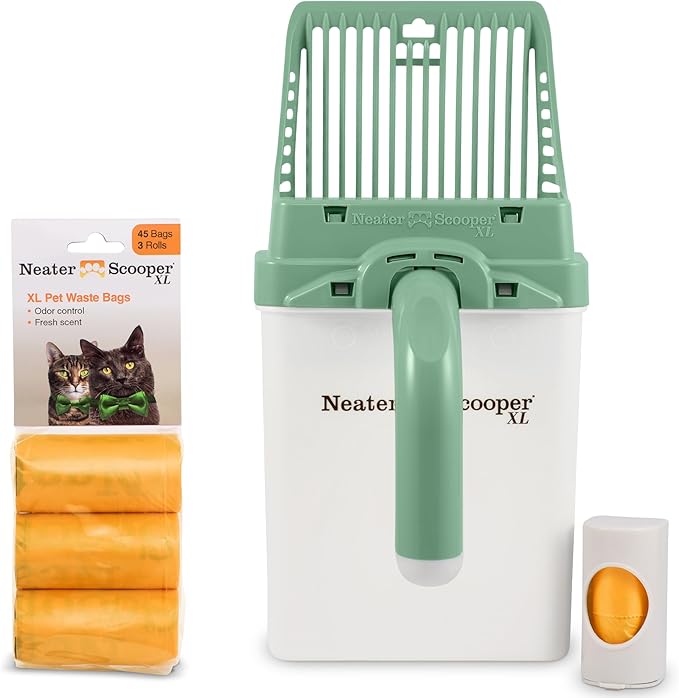 Neater Pet Brands Neater Scooper XL Cat Litter Scoop, 60 Refill Bags – Extra-Large Capacity Mess-Free Cat Litter Scooper with Bag for Large & Multiple Cats, Spill-Proof Litter Box Scooper with Holder-Mewly Pet