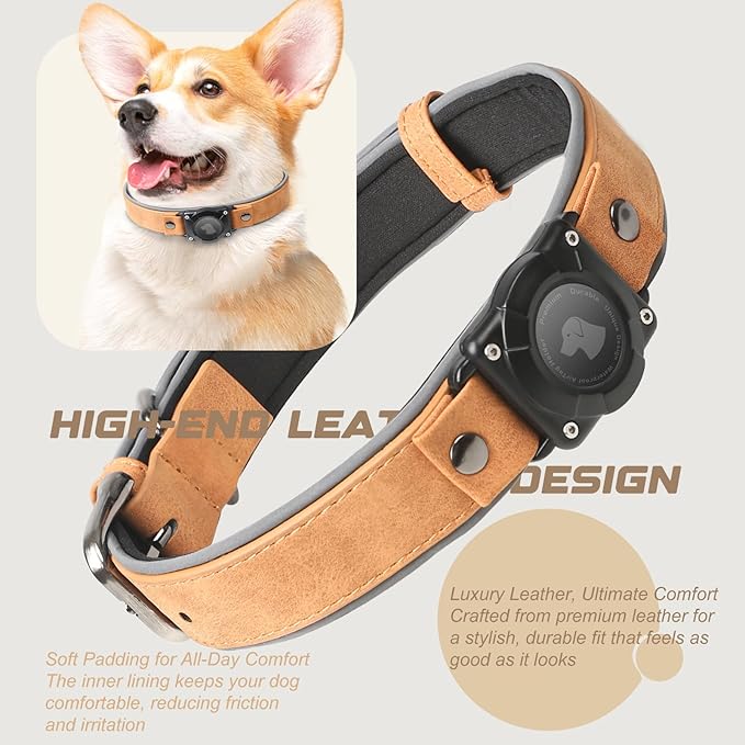 AirTag Dog Collar - Leather Dog Collar with Air Tag Holder | IPX8 Waterproof, Reflective, High - End, Adjustable Soft Padded | Dog GPS Tracker Collars Fit for Medium Large Dogs (Light Brown, XL)-Mewly Pet