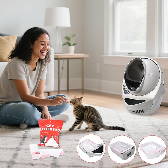 40 Count Thicken Cat Litter Box Liners for Automatic Cat Litter Box and Litter-Robot 4/3, Heavy-Duty Drawstring Kitten Litter Drawer Liners Disposable 25" x 16"-Mewly Pet