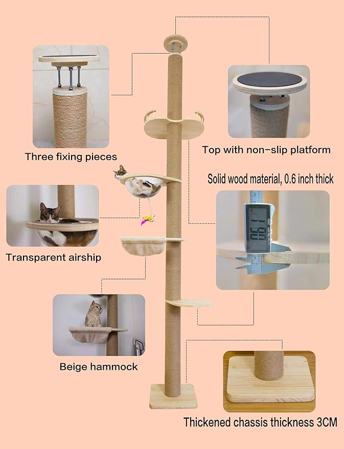 Floor-to-Ceiling Cat Tree with Natural Sisal Rope Scratching Post - Adjustable Height (55-119 Inches) - Modern Cat Activity Tree, Cat Scratcher Post-Mewly Pet