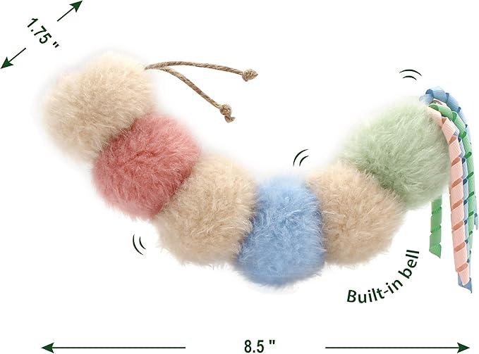 Interactive Natural Catnip Kicker, with Rattle and Ribbon, Bite Resistant, for All Ages Indoor Cat, Soft Caterpillar Kicker, Fluffy Kitten Toy-Mewly Pet