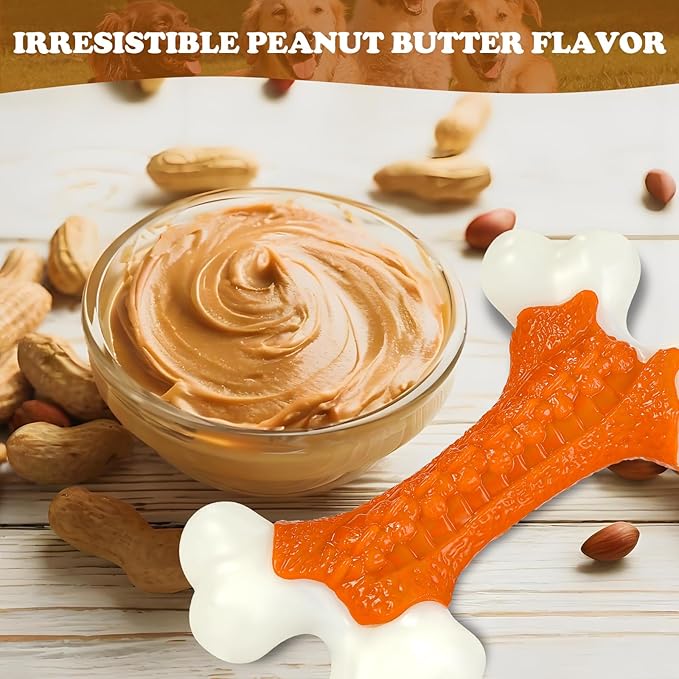 Dog Toys for Aggressive Chewers Large Breed, Tough Bones, Nylon Puppy Teething Chew Toys Medium Dogs, Heavy Duty Peanut Butter Flavor Toys-Mewly Pet