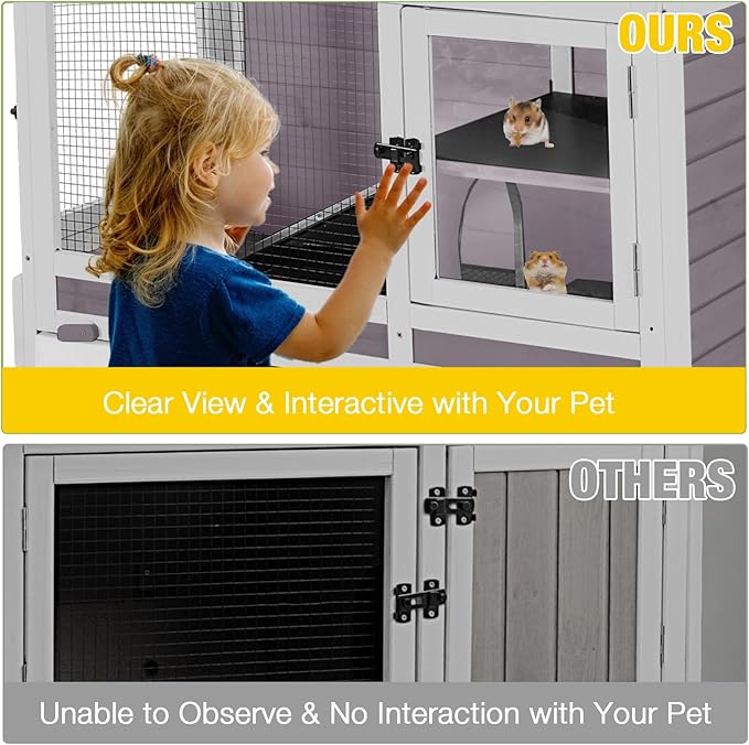 AIVITUVIN Wooden Guinea Pig Cage Indoor with Cooling Plate and Anti-Chewing Edges Two-Story Rabbit Hutch Pull Out Tray Outdoor Rabbit Cage with Raised Stand and Wire Mesh Small Animals Cage (Grey)-Mewly Pet