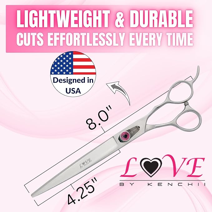 Kenchii Love Dog Grooming Scissors, 8 Inch Straight Shears, Dog Scissors for Grooming, Professional Pet Grooming Scissors, Heavy Duty, Durable and Sharp-Mewly Pet