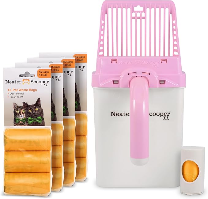 Neater Pet Brands Neater Scooper XL Cat Litter Scoop, 195 Refill Bags – Extra-Large Capacity Mess-Free Cat Litter Scooper with Bag for Large & Multiple Cats, Spill-Proof Litter Box Scooper with Holder-Mewly Pet