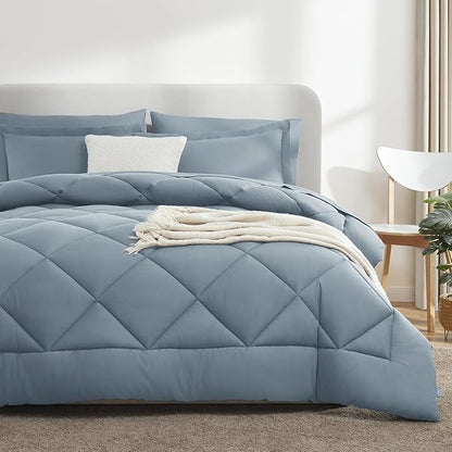 CozyLux Full Size Comforter Sets Dusty Blue - 7 Pieces Bed in a Bag Full, Luxury Soft Bed Set for All Seasons, Bedding Set with Down Alternative Comforter, Sheets, Pillowcases & Shams, Grayish Blue