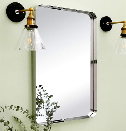 TEHOME 20x30 inch Chrome Metal Framed Bathroom Mirror for Wall in Stainless Steel Chrome Rounded Rectangular Bathroom Vanity Mirrors Wall Mounted…