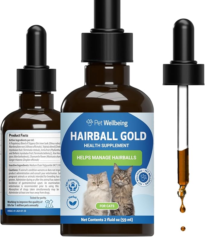 Pet Wellbeing Hairball Gold for Cats - Vet-Formulated - Eases Passage of Hairballs Through Digestive Tract - No Mineral Oil, All-Natural Lubrication - 2 oz (59 ml)-Mewly Pet