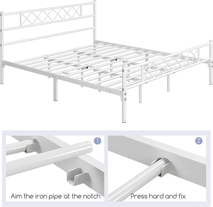 Yaheetech Metal Platform King Bed Frame Mattress Foundation with Headboard and Footboard No Box Spring Needed Under Bed Storage Steel Slats White