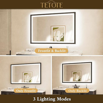 TETOTE 28x36 LED Mirror for Bathroom Black Metal Frame Frontlit & Backlit Lighted Vanity Mirror Baroque Gothic Anti Fog Stepless Dimmable White/Warm/Natural,CRI90+,Waterproof(Horizontal/Vertical)