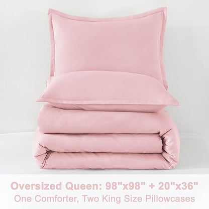 Litanika Comforters Pink Oversized Queen Size, 3 Pieces Lightweight Solid Bedding Set & Collections, All Season Fluffy Bed Set (98x98In Comforter & 2 Pillowcases)