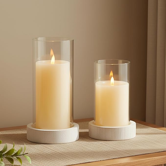 Set of 2 Hurricane Candle Holders with Wood Base & Glass Cylinder (4.2x5.9” & 4.6x7.8”) – Rustic Wooden Candle Holders for Home Decor, Weddings, Table Centerpieces
