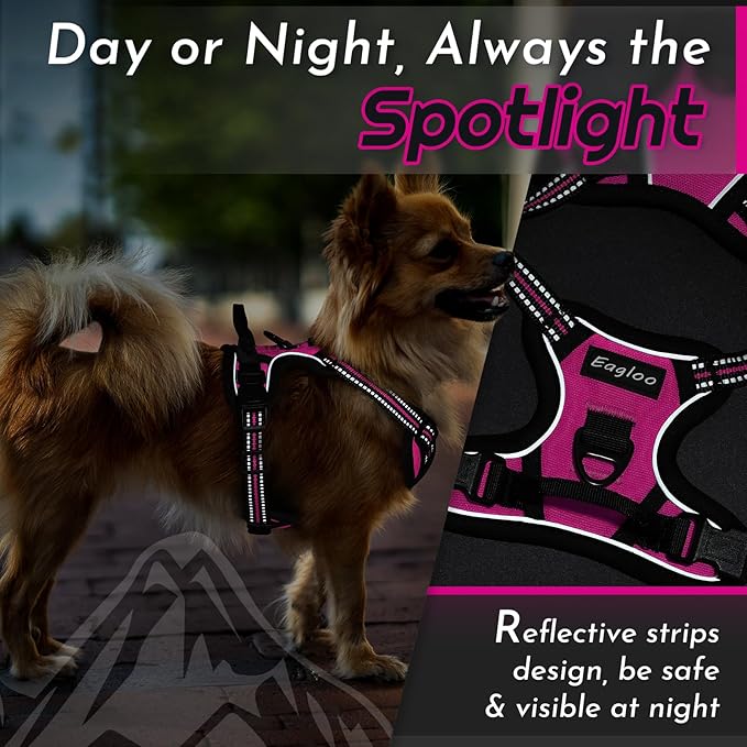 Eagloo Small Dog Harness No Pull, Service Vest with Reflective Strips and Control Handle, Adjustable and Comfortable for Easy Walking, No Choke Pet Harness with 2 Metal Rings, Rose Red, XS-Mewly Pet