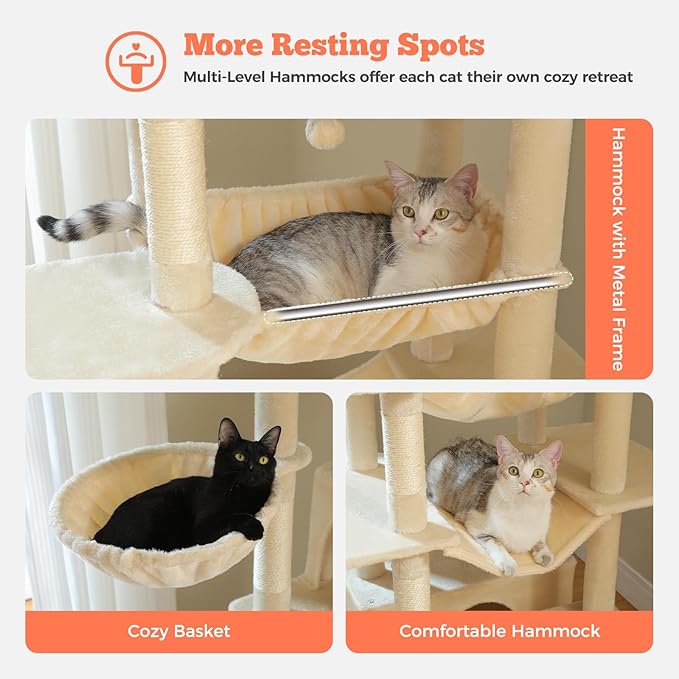 Large Cat Tree for Big Cats & Multi-Cat Homes, 81 Inch Tall Cat Tower with Sturdy Metal Hammock, 6 Sisal Scratching Posts, 2 Cozy Condos, 2 Top Perches - Multi-Level Cat Tower, Beige-Mewly Pet