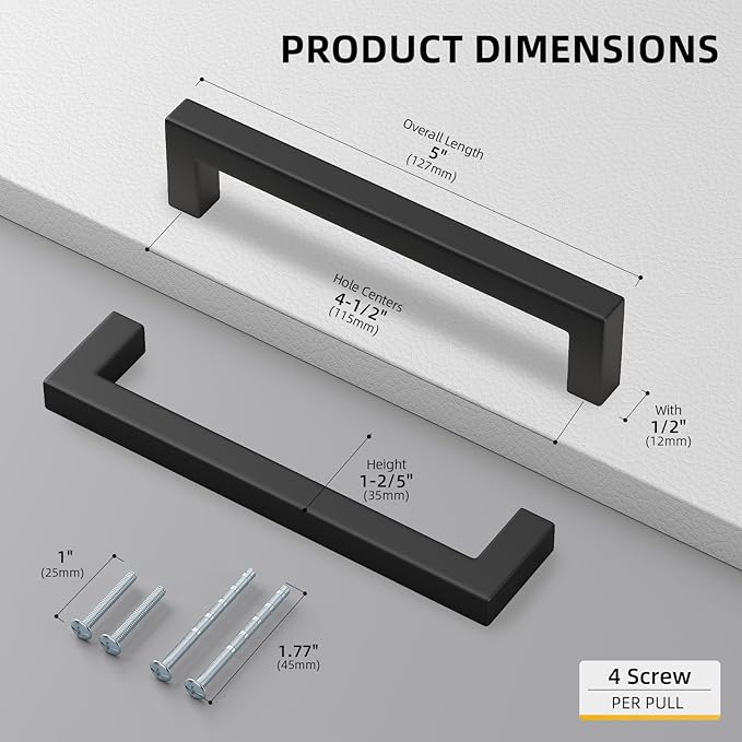 goldenwarm 10 Pack 4-1/2 Inch Black Cabinet Handles Matte Black Drawer Pulls Stainless Steel Cabinets Hardware Square Bar Modern for Kitchen Bathroom Cupboard