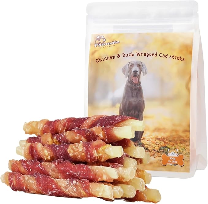 Triple Flavor Dog Treats, Chicken Duck Wrapped Cod Sticks, Rawhide-Free Grain-Free Soft Chewy Treats Natural Ingredients, Training Snacks for Small Medium Large Dogs, 15-17 Counts, 10.6 oz-Mewly Pet