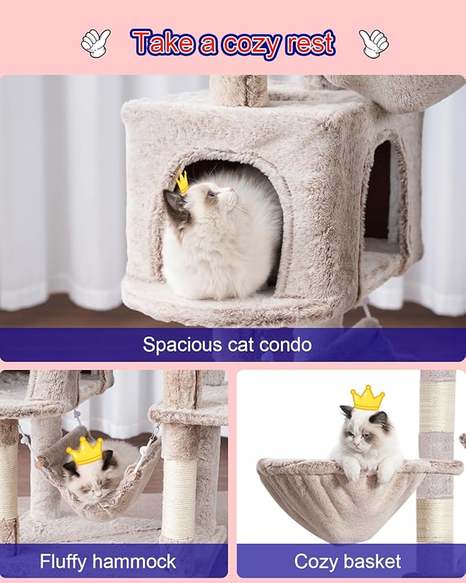 Cat Tree, Cat Tower for Large Cats with 2 Big Platforms, 2 Baskets, condo and Toys, 63" Cat Scratching Posts for Indoor Cats, Muchroom GCT020MU-Mewly Pet