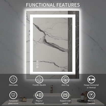 LOAAO 28X36 LED Bathroom Mirror with Lights, Anti-Fog, Dimmable, Backlit + Front Lit, Lighted Bathroom Vanity Mirror for Wall, Memory Function, Tempered Glass, Safe to Use, ETL Listed