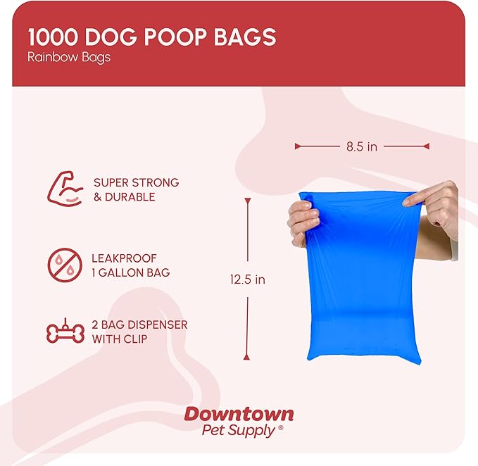 Downtown Pet Supply Dog Waste Bags (1000 CT - Rainbow Bags & 2 Dispensers) Clips to Dog Leashes & Harnesses - Poop Scoop Bags are Leak-Proof & Unscented-Mewly Pet