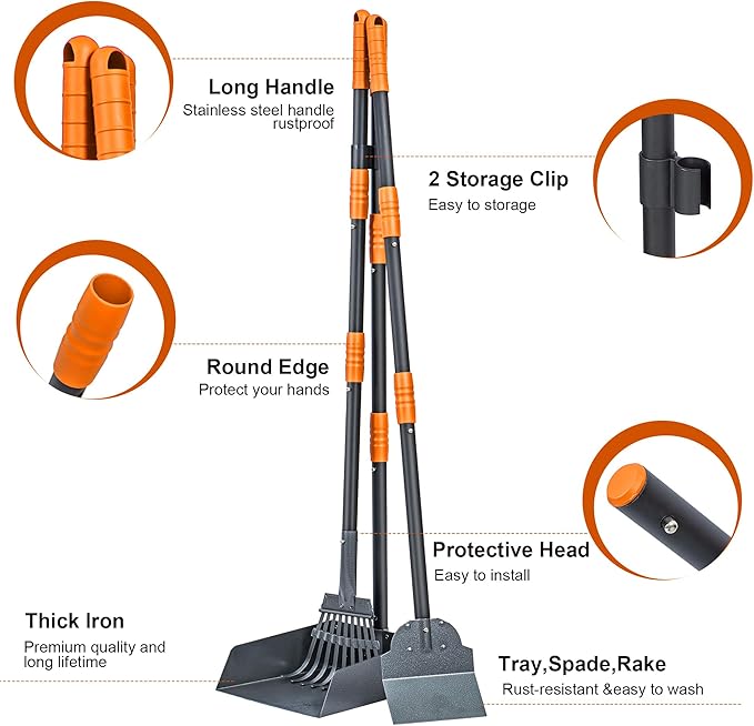 Niubya Pooper Scooper for Dogs, Metal Poop Scooper Tray Spade and Rake Set, Poop Scoop with Adjustable Long Handle, Dog Pooper Scooper for Pet Waste Removal-Mewly Pet