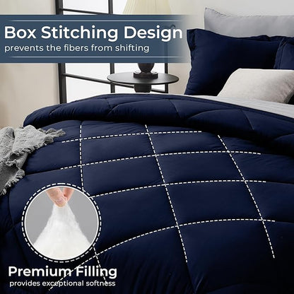 HEVUMYI Twin Comforter Set - 5-Piece All Season Bed in a Bag Twin, Ultra Soft Bedding Set with Comforter, Flat Sheet, Fitted Sheet, Pillowcases, Pillow Shams, Navy Blue & Light Grey