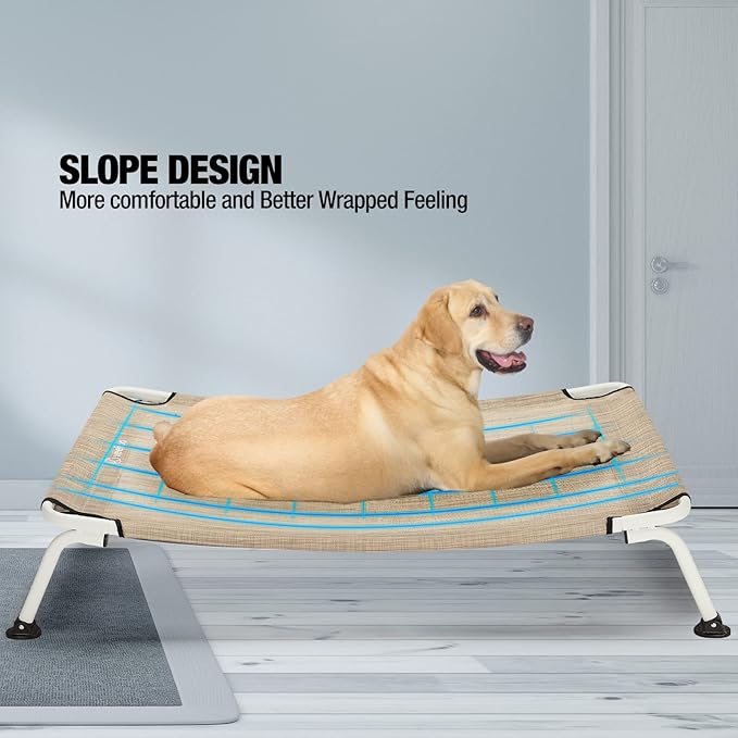Veehoo Elevated Dog Bed for Outdoor, Cooling Waterproof Raised Dog Cots Beds for Large Dogs, Curved Off Ground Pet Hammock Cot Lifted for Outside, up to 85lbs, White Legs, Beige 42"-Mewly Pet