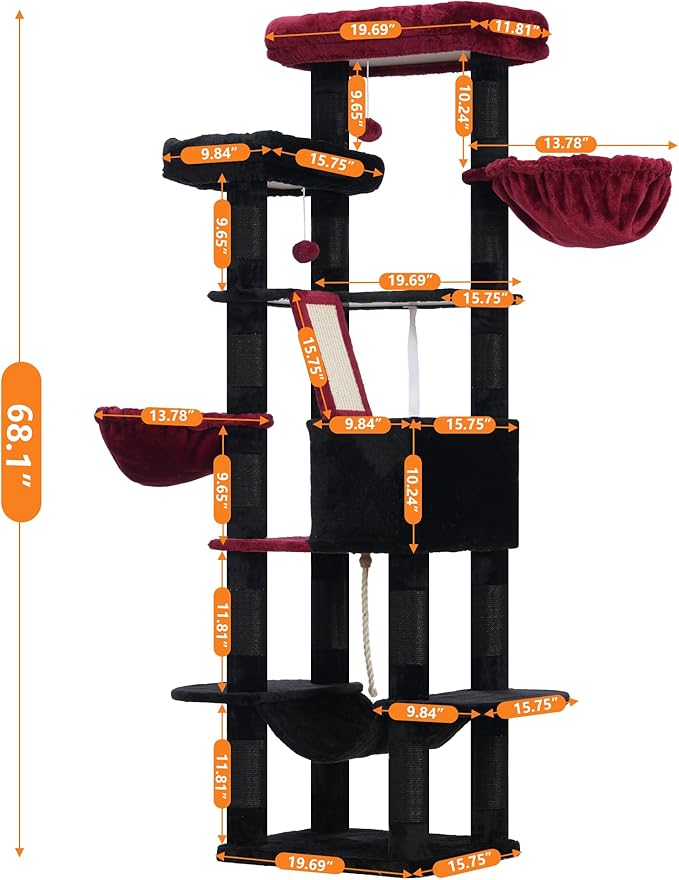 Heybly Cat Tree, 68 inch Multi-Level Cat Tower for Indoor Cats, 2 Widened Plush Perches Cat Condo with Scratching Board and Big Caves, Black and Red HCT025BR-Mewly Pet