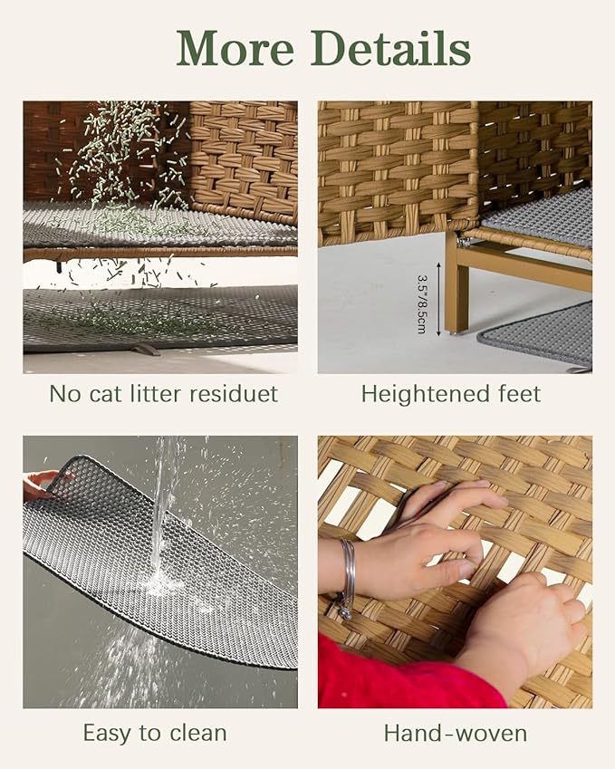 Cat Litter Box Enclosure Furniture with Divider, Handwoven Rattan Litter Box with Mat, 31.2 x 19.6 x 24.2 Inches, Metal Heightened Feet, Hidden Cat House for Living Room, Bedroom (Natural)-Mewly Pet