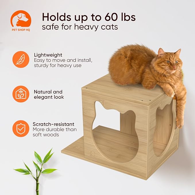 Cat Wall Furniture - Climbing Shelves, Ladders, Cat House, Hammock, Bed, Bridges, Walkways - Bamboo Material - Light Brown - Cat Furniture-Mewly Pet