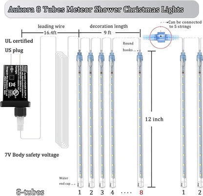 Aukora Christmas String Lights Outdoor, LED Meteor Shower Light 11.8 inch 8 Tubes 192leds, Icicle Snow Falling Lights for Xmas Tree Wedding Party Holiday Garden Thanksgiving Decoration (White)