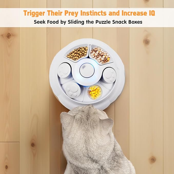 Interactive Cat Toys for Indoor Cats, 4in1 Pet Teaser Toy with Ambush Feather Wand, Motorized Fluttering Butterfly and Slow Feeder, Rechargeable Power Treat Puzzle Toys(White)-Mewly Pet