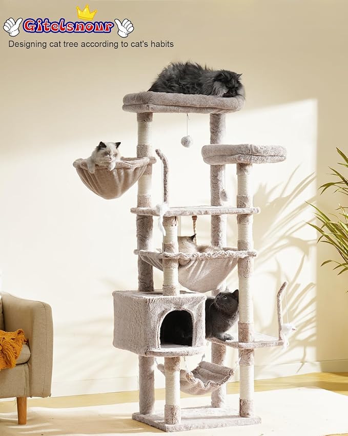 Cat Tree, Cat Tower for Large Cats with 2 Big Platforms, 2 Baskets, condo and Toys, 63" Cat Scratching Posts for Indoor Cats, Muchroom GCT020MU-Mewly Pet