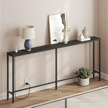 78.7" Console Table with Power Outlet, Narrow Sofa Table, Industrial Entryway Table with USB Ports, Behind Couch for Entryway, Hallway, Foyer, Living Room, Black CTBK20E01