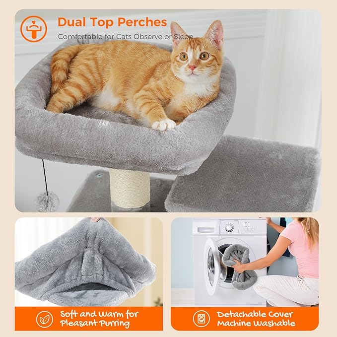 PAWZ Road Cat Tree, 53.5 Inches Tall Cat Tower with Spacious Hammocks, Condos and Scratching Posts, Cat House with Dual Padded Perches for Indoor Large Cats-Gray-Mewly Pet