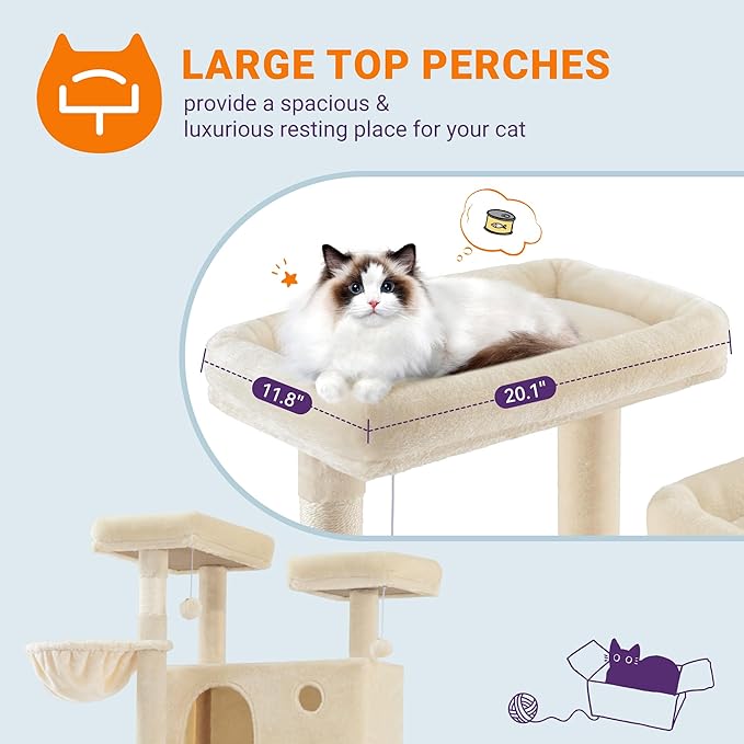 Allewie 81 Inches Tall Cat Tree/Multi-Level Large Climbing Tree House and Towers for Big Feline/Condo and Hammock/Scratching Post/Wide Base/Beige-Mewly Pet