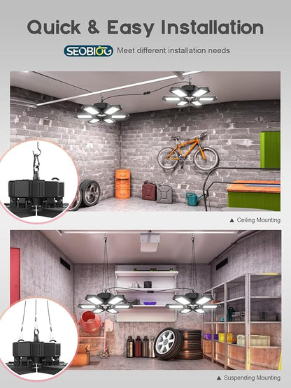 SEOBIOG LED Garage Lights 4 Pack, 200W 20000LM Plug in Linkable LED Shop Light, 6500K Ceiling Light Fixtures with 6+1 Deformable Panels for Garage, Work Bench (Built-in ON/Off Switch)