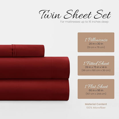 Linen Market Brushed Microfiber Twin XL Sheet Set 3 Piece – Oeko-TEX Certified Ultra Soft & Wrinkle-Free - 16" Deep Pocket Sheets - Easy Care Twin XL Size - Burgundy