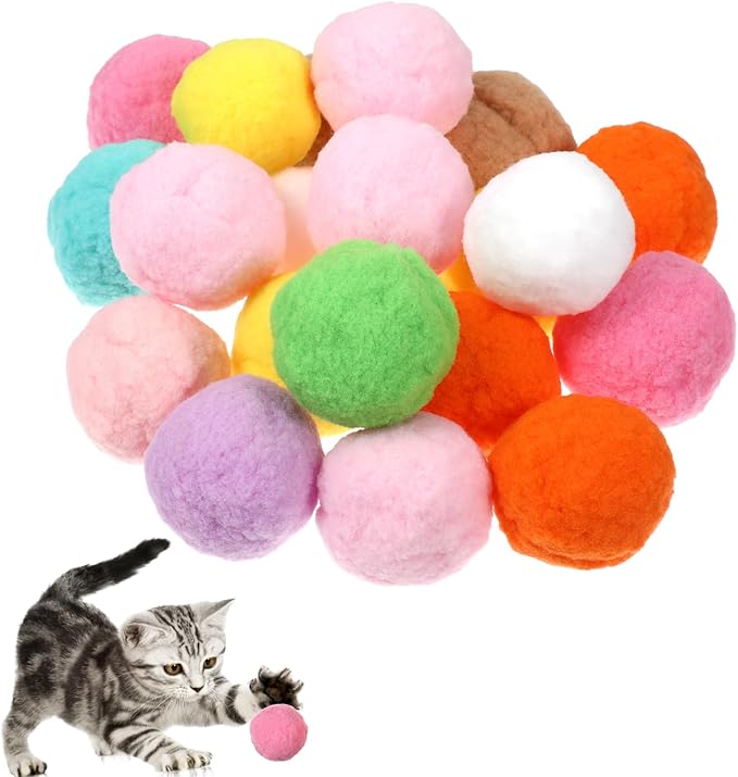 20Pcs 1.6" Cat Toy Balls, Soft Kitten Pom Pom Toys, Plush Interactive Playing Quiet Ball Cats Favorite Toy, DIY Craft Decorations, Training and Sensory Enrichment-Mewly Pet