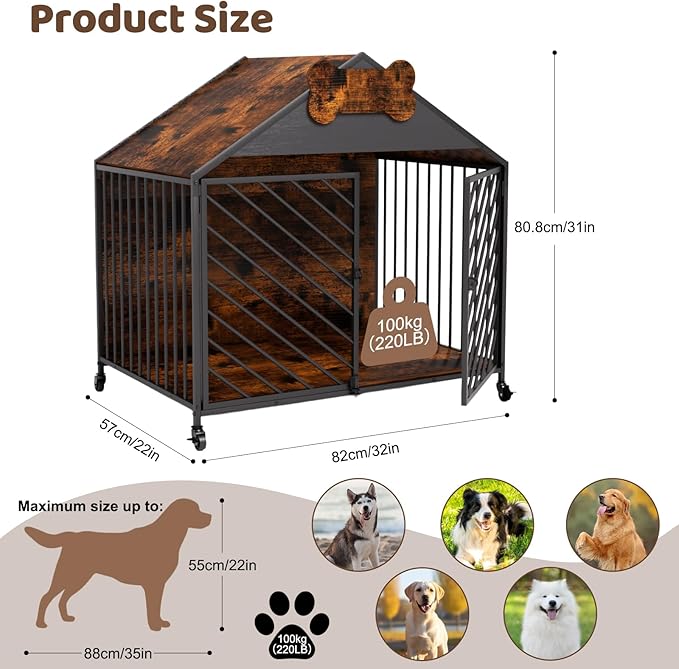 Furniture-Style Dog Crate with Gable Roof Design, Double Locking Doors Indoor Kennel for Small & Medium Dogs, Chew-Proof Escape-Proof Dog Cage, Rustic Brown-Mewly Pet
